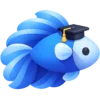 Blue cartoon betta fish wearing a graduation cap