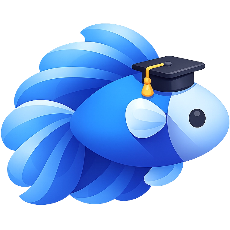 Blue cartoon betta fish wearing a graduation cap